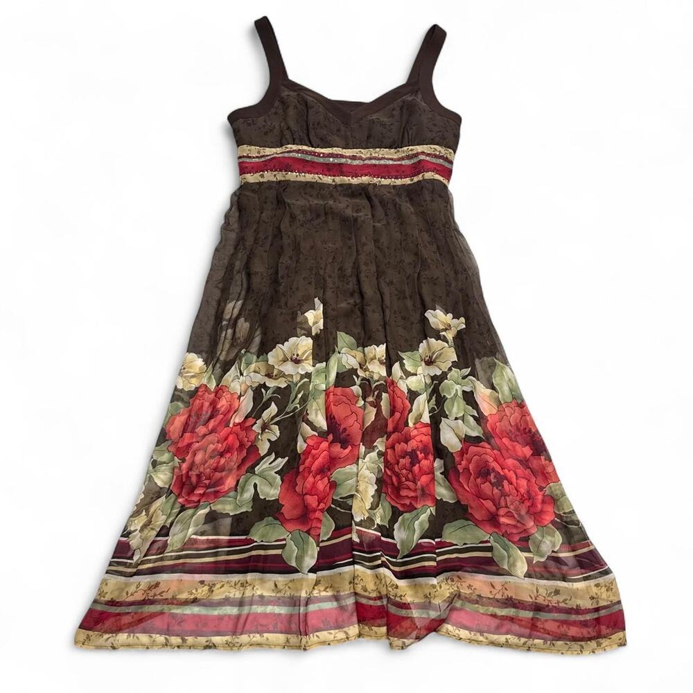 Brown floral maxi dress By Robbi Bee size large with red and beige floral print - Picture 4 of 7